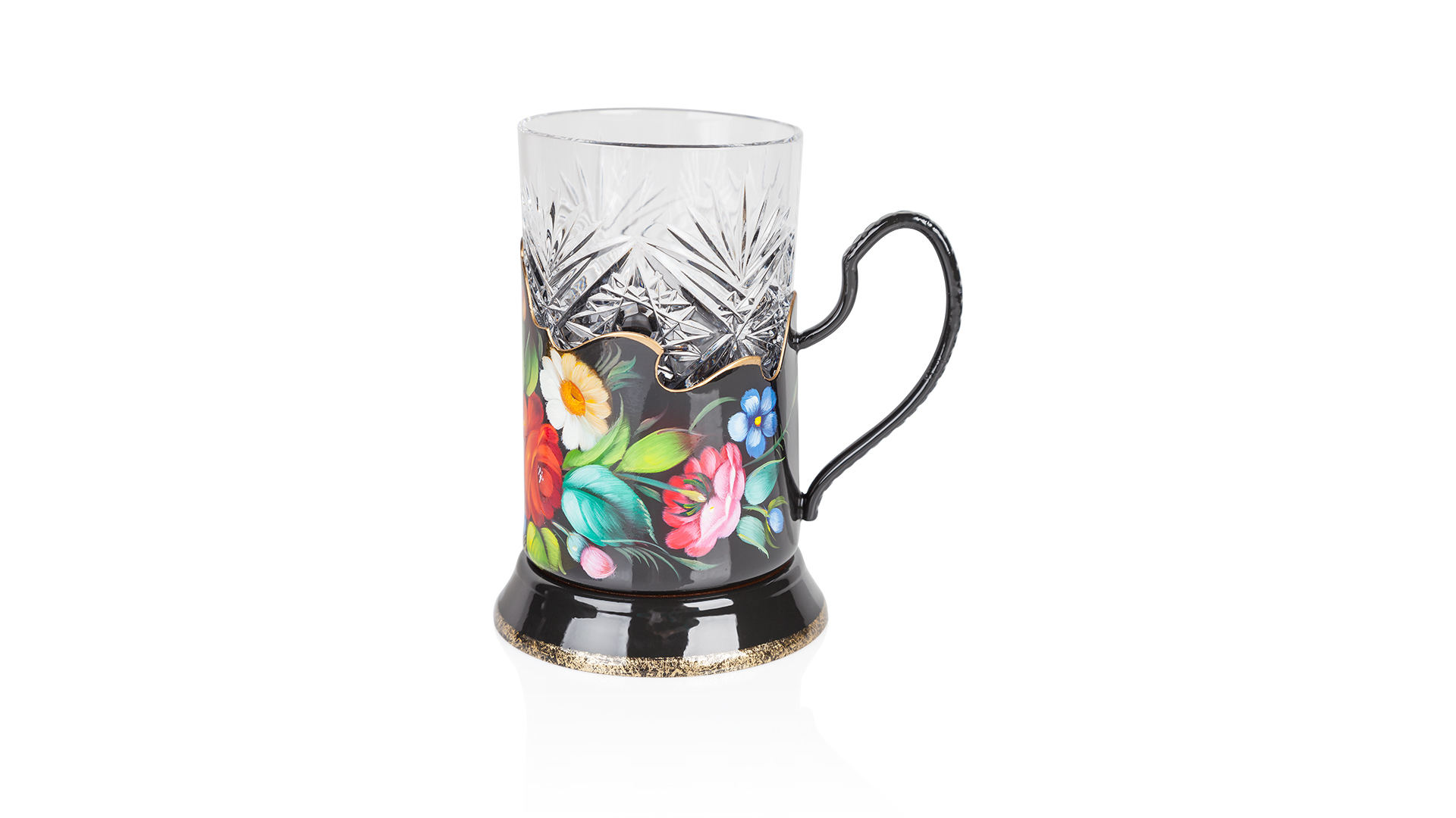 10620668 Жостовская фабрика декоративной росписи Набор из 4 подстаканников в шкатулке с подносом У-300 29х29см (худ.роспись) Латунь  - Вид №1