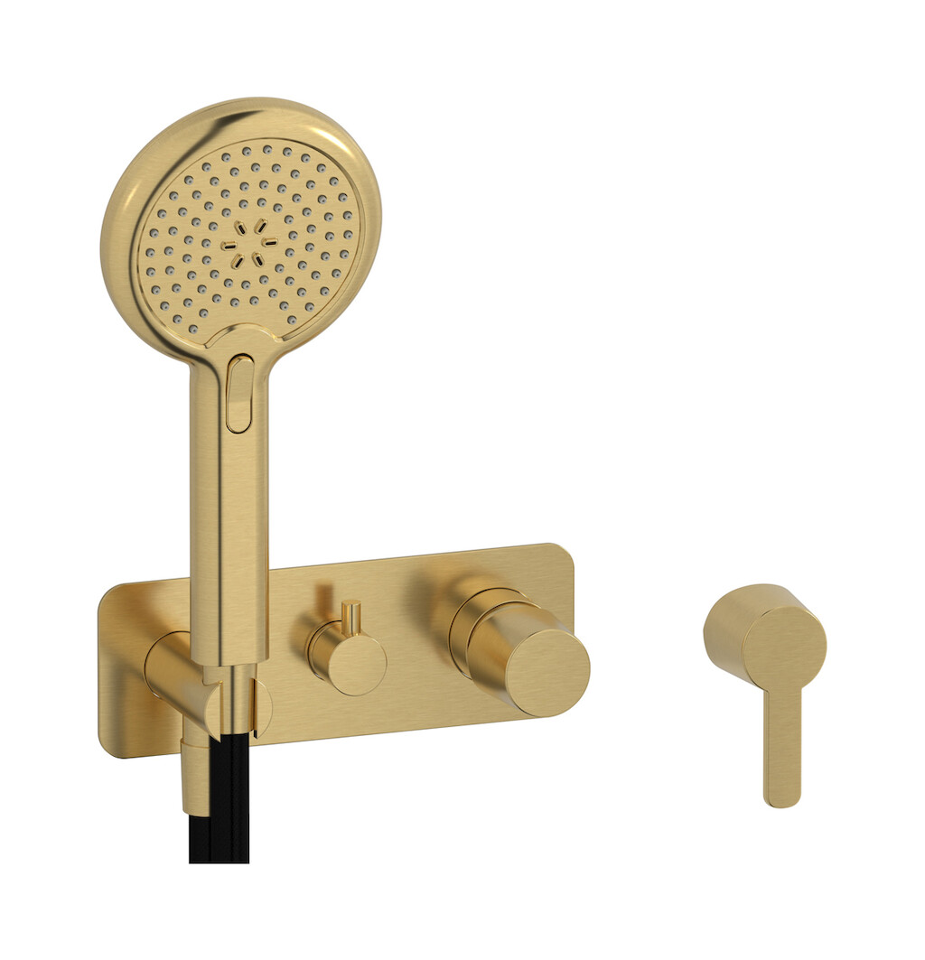 Внешние части встроенного в стену смесителя на 3 потребителя в комплекте с душевым гарнитуром. WE ARE IB aa300bo Brushed Gold TAAAC