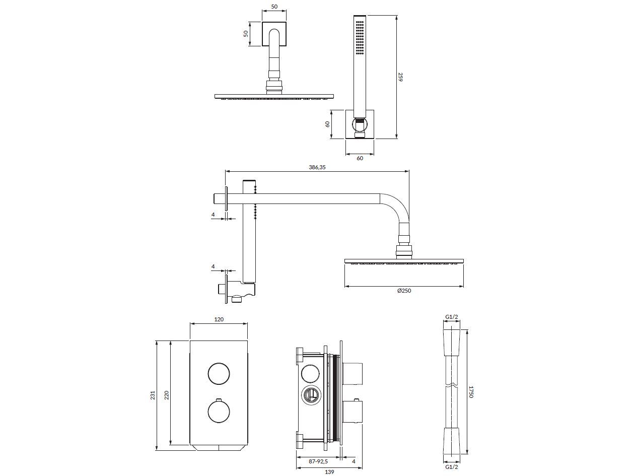 Термостатический набор для душа с ручным душем и душем OMNIRES CONTOUR SYSCT11 ARCH-00040449 - Вид №3