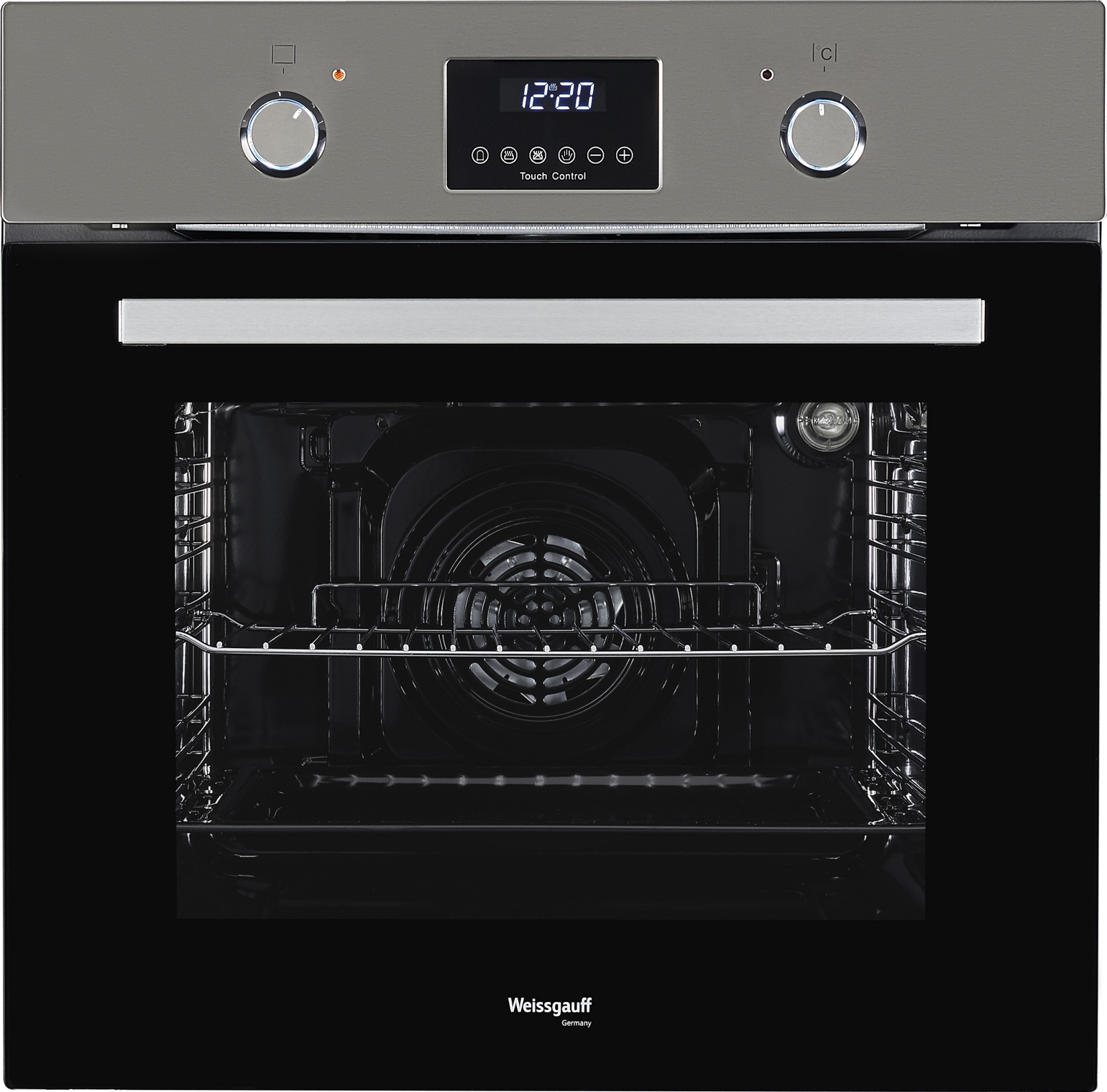 EOA 29 PDX 59.5х59.5x61 см, 58л, 9 режимов, утапливаемые переключатели, дисплей, электронное управление с сенсорными кнопками, гриль, конвекция, нержавеющая сталь/черное стекло Weissgauff Santreyd 