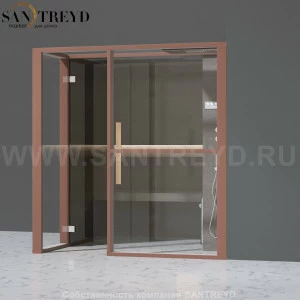 Effegibi LOGICAFILO H LO31030007 Хаммам. Установка: в правый угол. Правая дверь. Мощность: 4,5 кВт макс. Размеры: длина 214 см, ширина 250 см. Отделка: матовый лакированный коричневый аллюминий и темный ламинат из керамогранита.