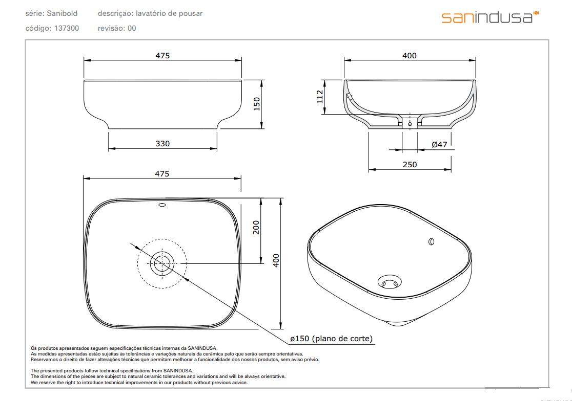 137300004 Накладная раковина на столешницу  прямоугольная Sanindusa  - Вид №1