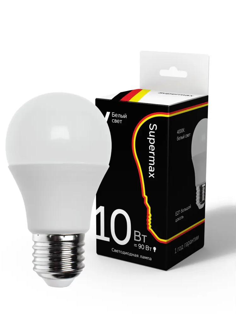 90717804 Лампа светодиодная SUPERMAX Sup_LED10wA60E2740 E27 220-230 В 10 Вт груша матовая 800 Лм нейтральный белый свет STLM-0352515
