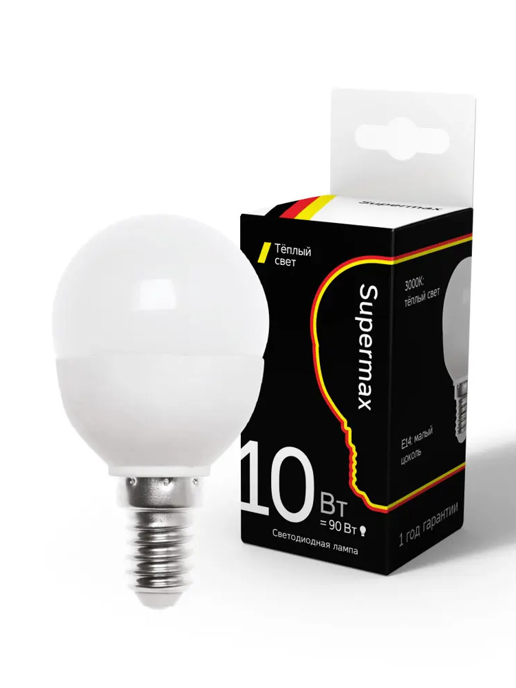 90717809 Лампа светодиодная SUPERMAX Sup_LED10wGL45E1430 E14 220-230 В 10 Вт шар малый матовая 800 Лм теплый белый свет STLM-0352520
