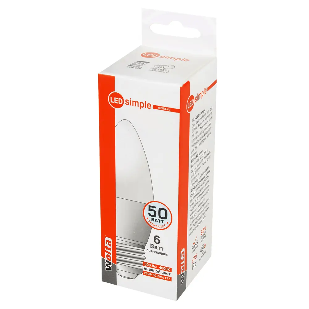 Лампа светодиодная Wolta simple свеча E27 6 Вт 500 Лм свет дневной STLM-2053176 - Вид №1