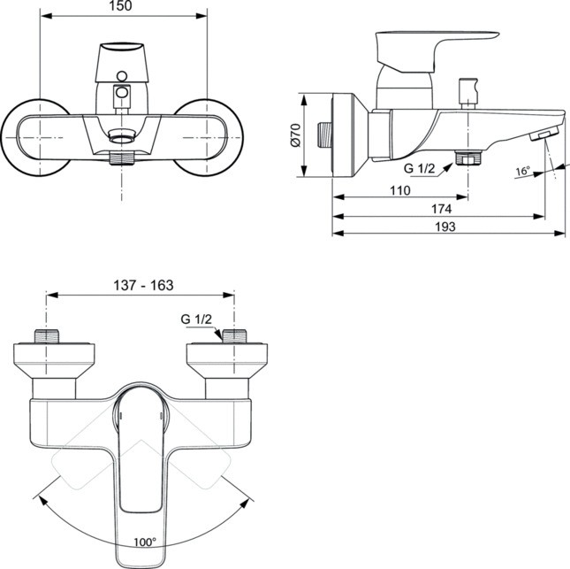 A7033A5 Настенный смеситель для ванны/душа Ideal Standard CONNECT AIR - Вид №3