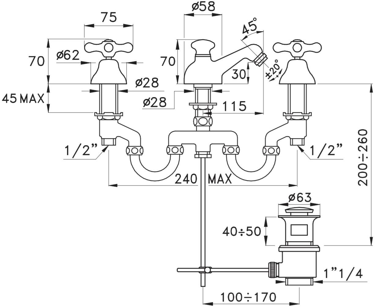 RUBINETTERIE STELLA Смеситель для биде на 3 отверстия с регулируемым изливом Roma sun-id-1424806 - Вид №1