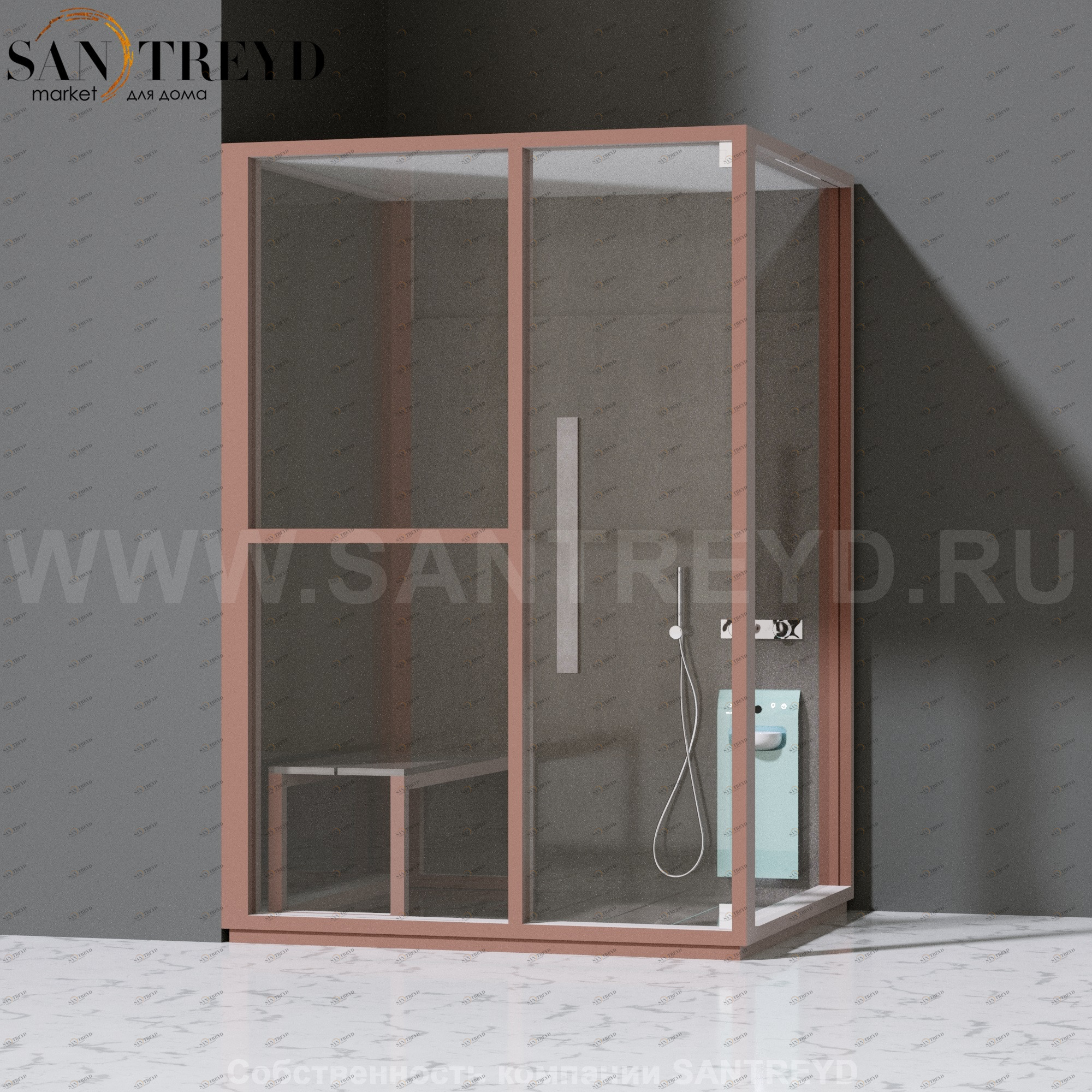 Effegibi H MEDIUM LO81030004 Комбинированная баня: хаммам и душ. Установка: в левый угол. Левая дверь. Мощность: 3 кВт макс. Размеры: длина 152 см, ширина 102 см. Отделка: матовый лакированный коричневый аллюминий и темный ламинат из керамогранита.