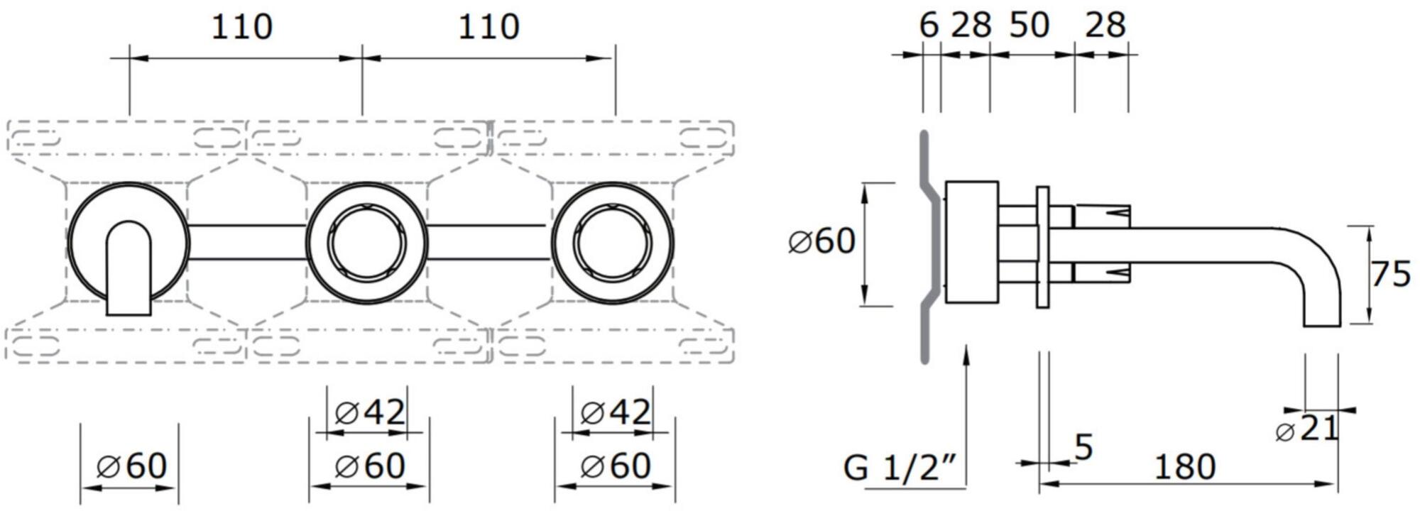 MINA Смеситель для умывальника настенный из нержавеющей стали с 3 отверстиями Synth 4718 - Вид №1