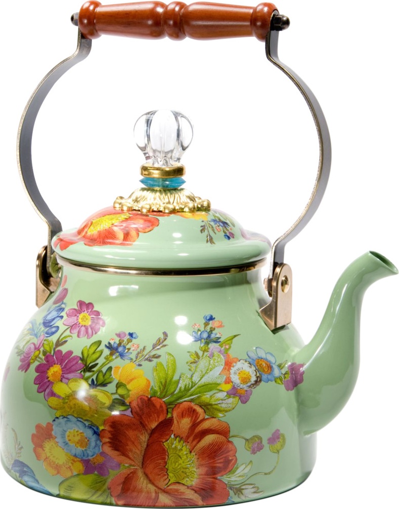 10594950 Mackenzie-Childs Чайник 2л Flower Market (зеленый) 18Dx27H сталь, эмаль, бронза, дерево, стекло 