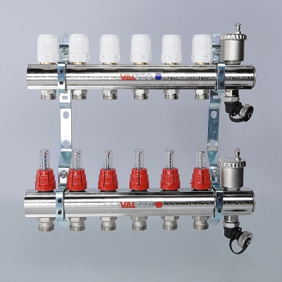 VTc.596.EMNX.0705 Коллекторный блок латунный с термостатическими клапанами и расходомерами Valtec 1 1/4", 5 x 3/4", "евроконус"  - Вид №8