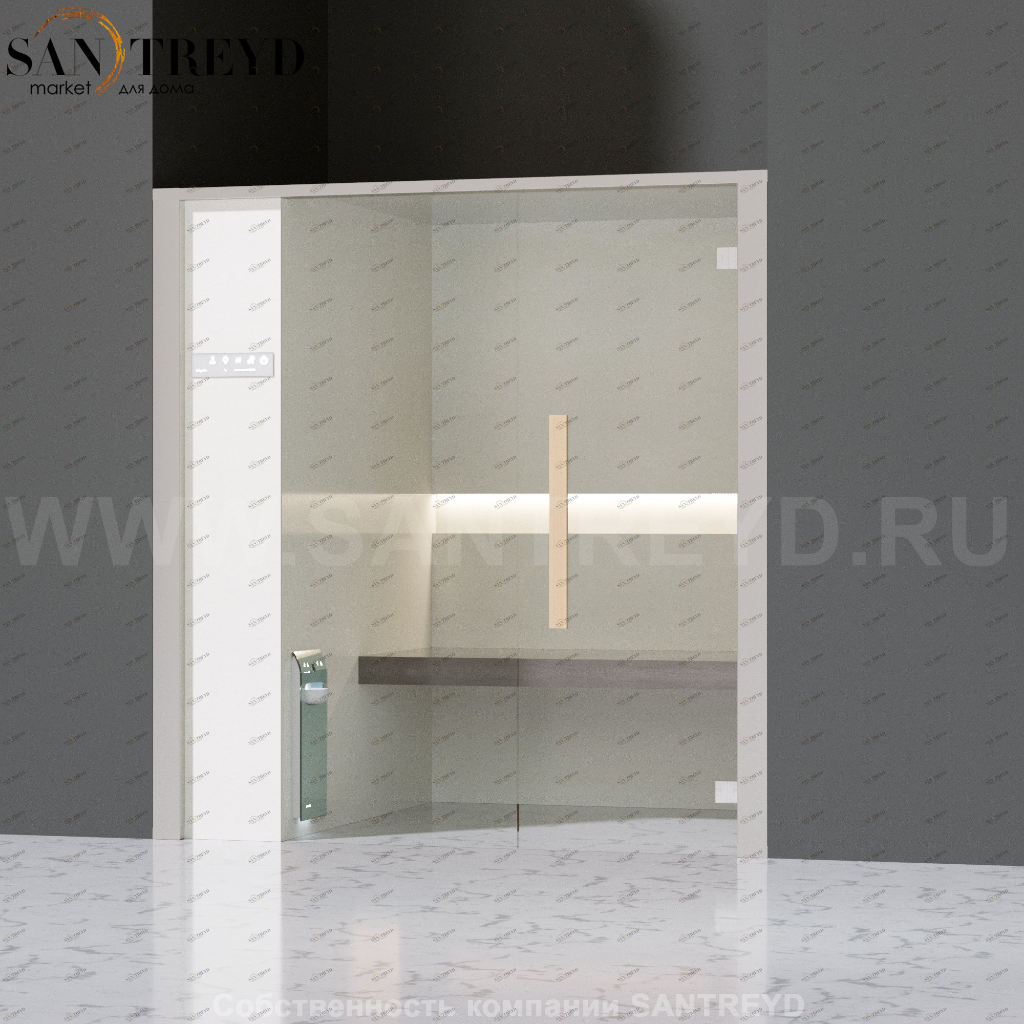 Effegibi ONEFILO H LO61020010 Хаммам. Установка: в нишу. Левая дверь. Мощность: 4,5 кВт макс. Размеры: длина 214 см, ширина 171 см. Отделка: матовый лакированный белый аллюминий и серый ламинат из керамогранита.