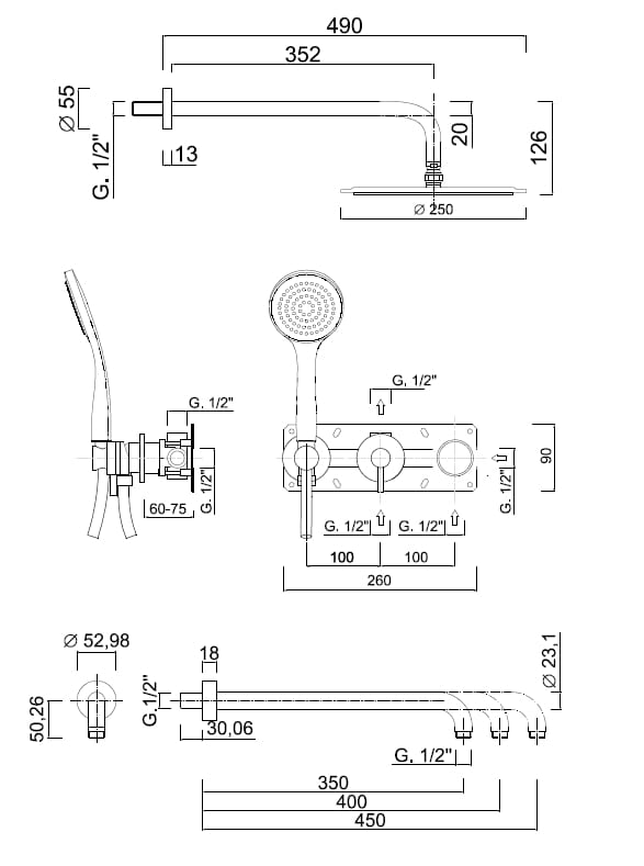 Настенный смеситель для ванны с ручным душем Rubinetteria Giulini MyRing ARCH-00117160 - Вид №2