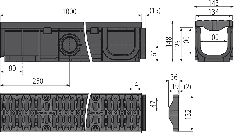 Дренажный канал 100 мм с пластиковой рамой и решеткой из композитного материала B125 ALCAPLAST AVZ104R402 - Вид №1