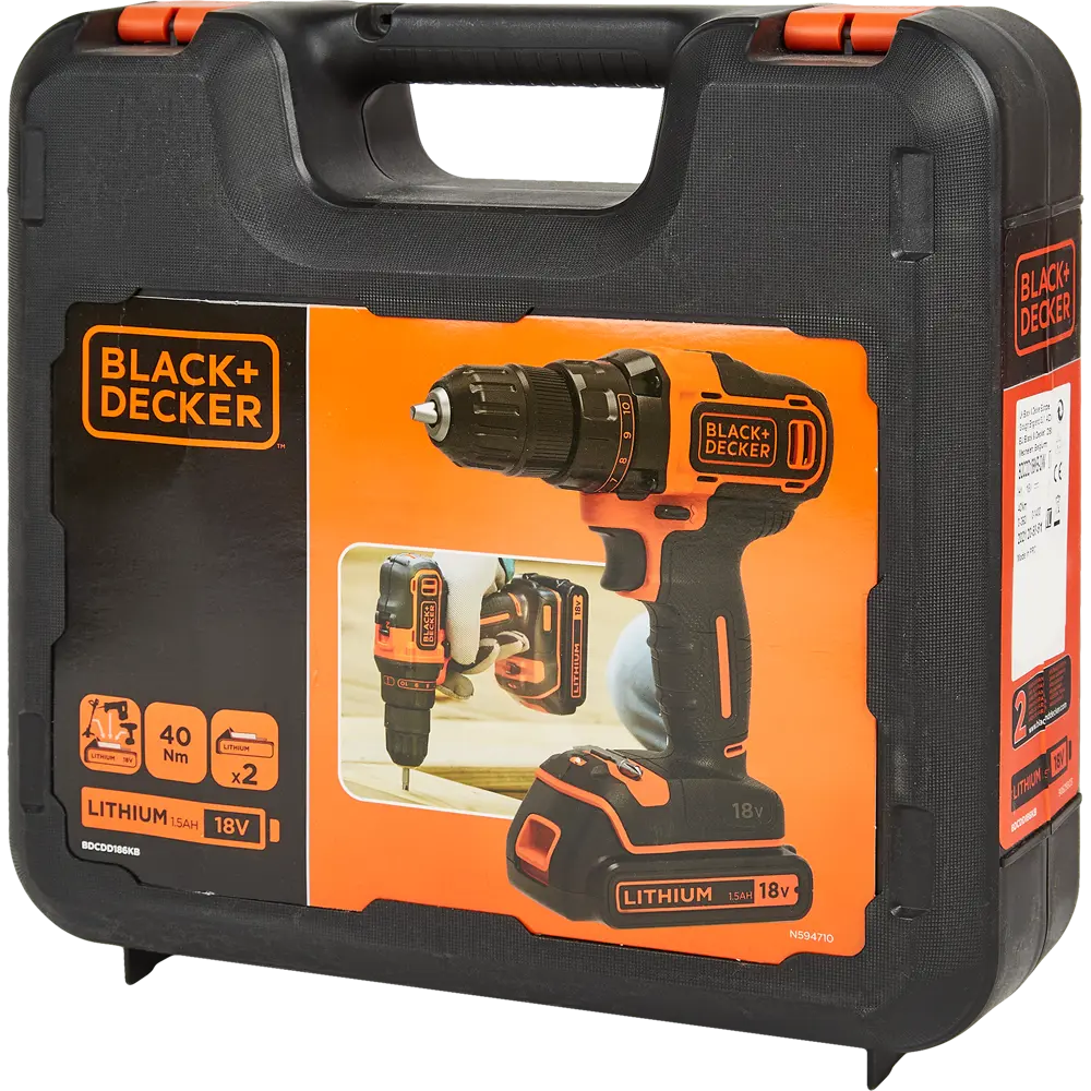 Дрель-шуруповерт аккумуляторная Black&Decker BDCDD186KB, 18 В Li-ion 2x1.5 Ач BLACK + DECKER STLM-2172039 - Вид №7
