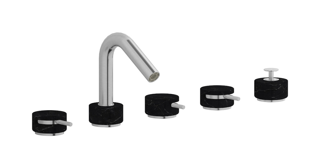 Смеситель на бортик ванной на 5 отверстий с дивертером и душевым гарнитуром. WE ARE IB mr396ss_2 Brushed Nickel Marmo