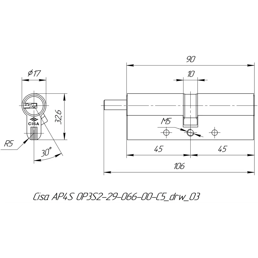 Цилиндр Cisa AP4S 0P3S2-29.66, 40x10x40 мм, ключ/шток, цвет латунь, без вертушки STLM-2175268 - Вид №4