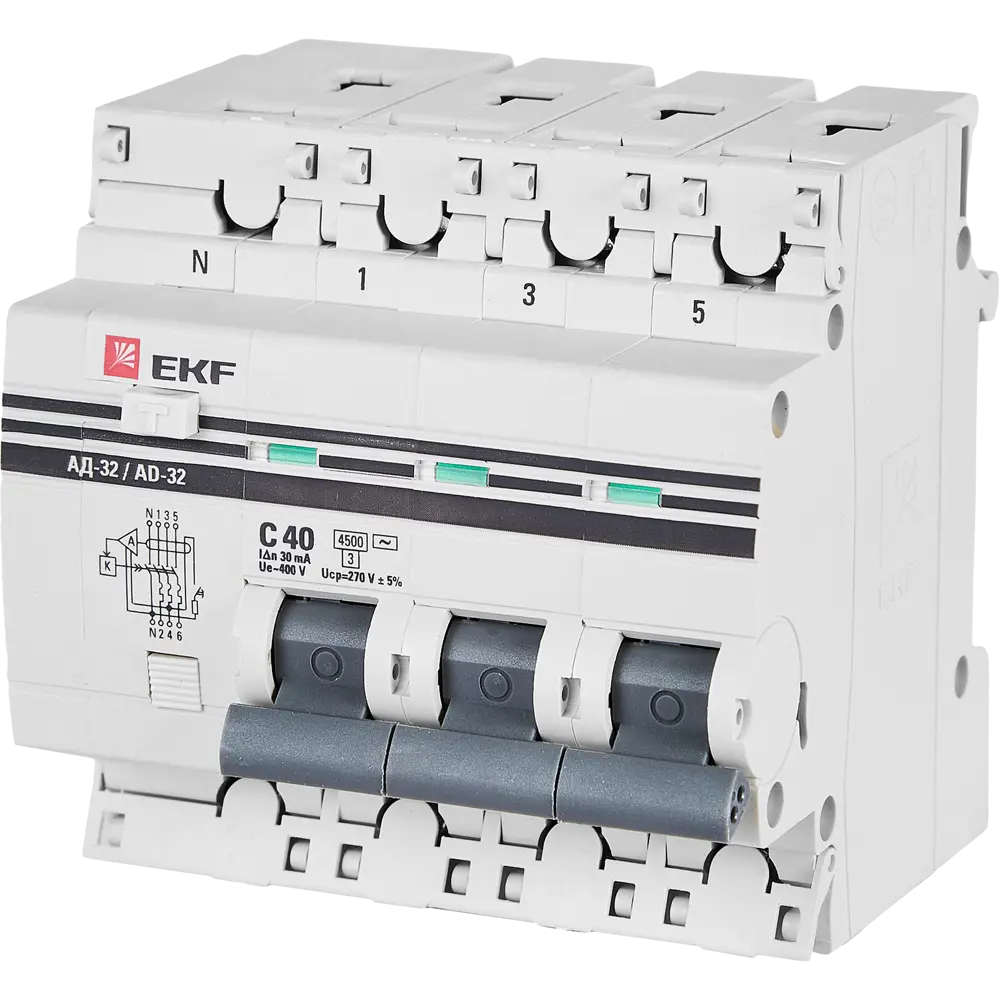 Дифференциальный автомат EKF АД-32 3P N C40 А 30 мА 4.5 кА АС STLM-2200460
