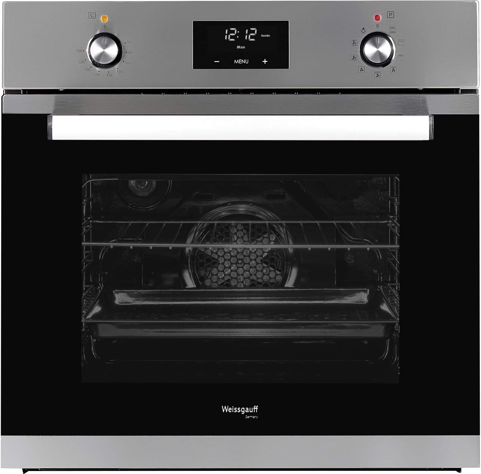 EOV 29 PDX 59.5х59.5x61 см, 64л, 9 режимов, утапливаемые переключатели, дисплей, электронное управление с сенсорными кнопками, гриль, конвекция, нержавеющая сталь/черное стекло Weissgauff Santreyd 