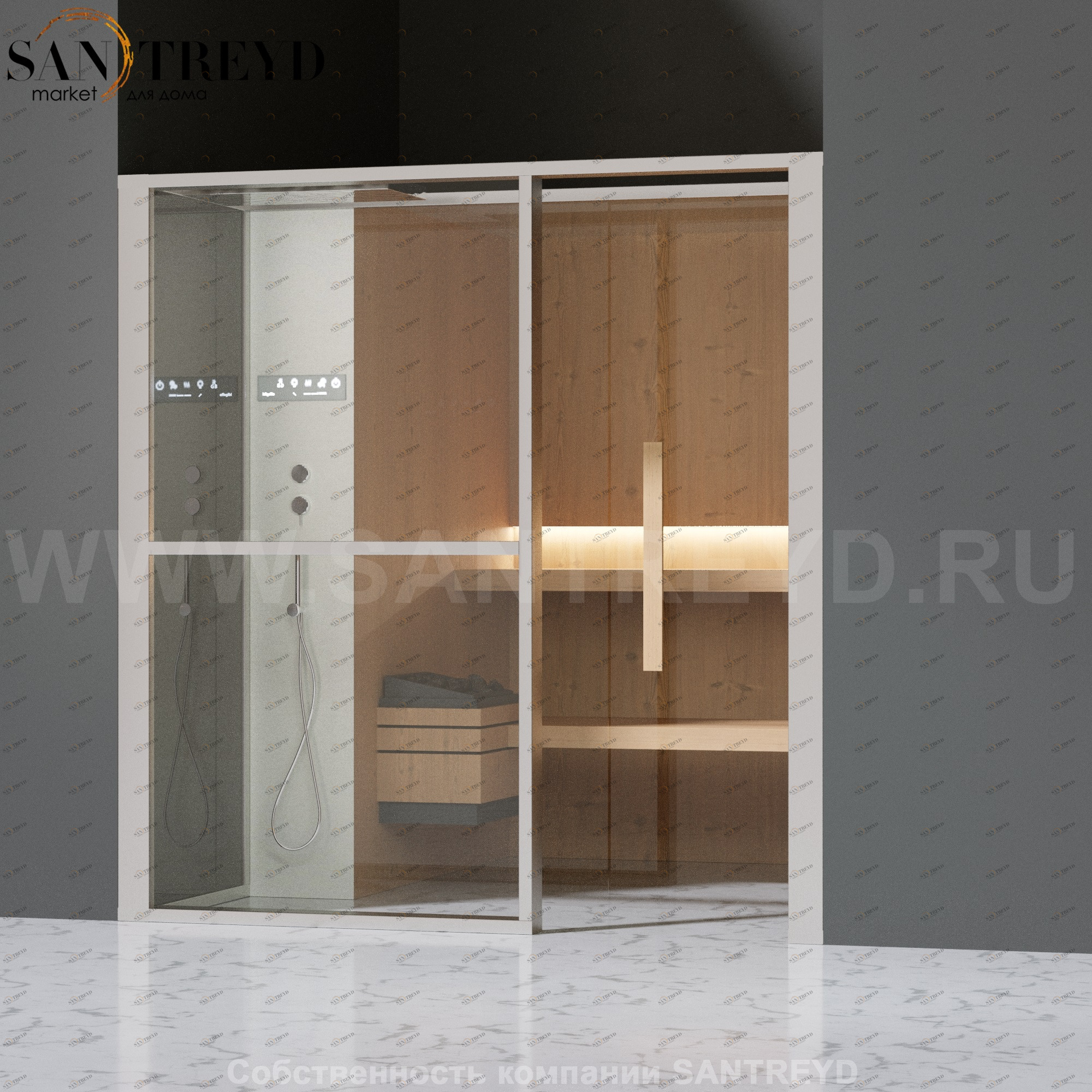 Effegibi LOGICAFILO S LO21020010 Сауна. Установка: в нишу. Левая дверь. Мощность: 6 кВт макс. Размеры: длина 214 см, ширина 250 см. Отделка: канадский хемлок, матовый лакированный белый аллюминий и серый ламинат из керамогранита.