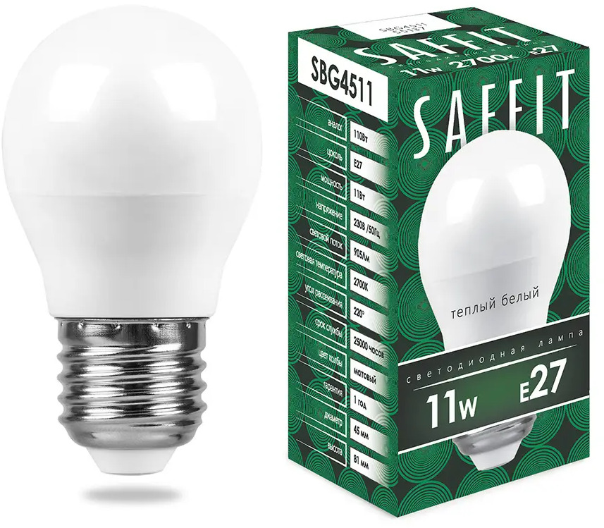 91268766 Набор ламп светодиодных Saffit SBG4511 E27 11 Вт 2700K теплый белый (желтый) 10 шт STLM-0529510