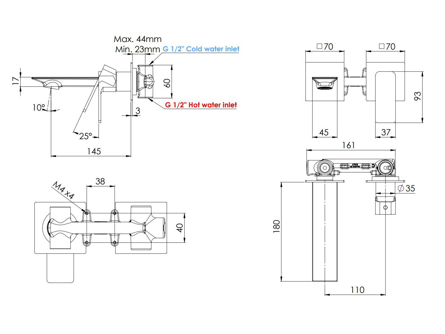 Настенный однорычажный смеситель для раковины с пластиной Rubinetterie Mariani Icon ARCH-00072175