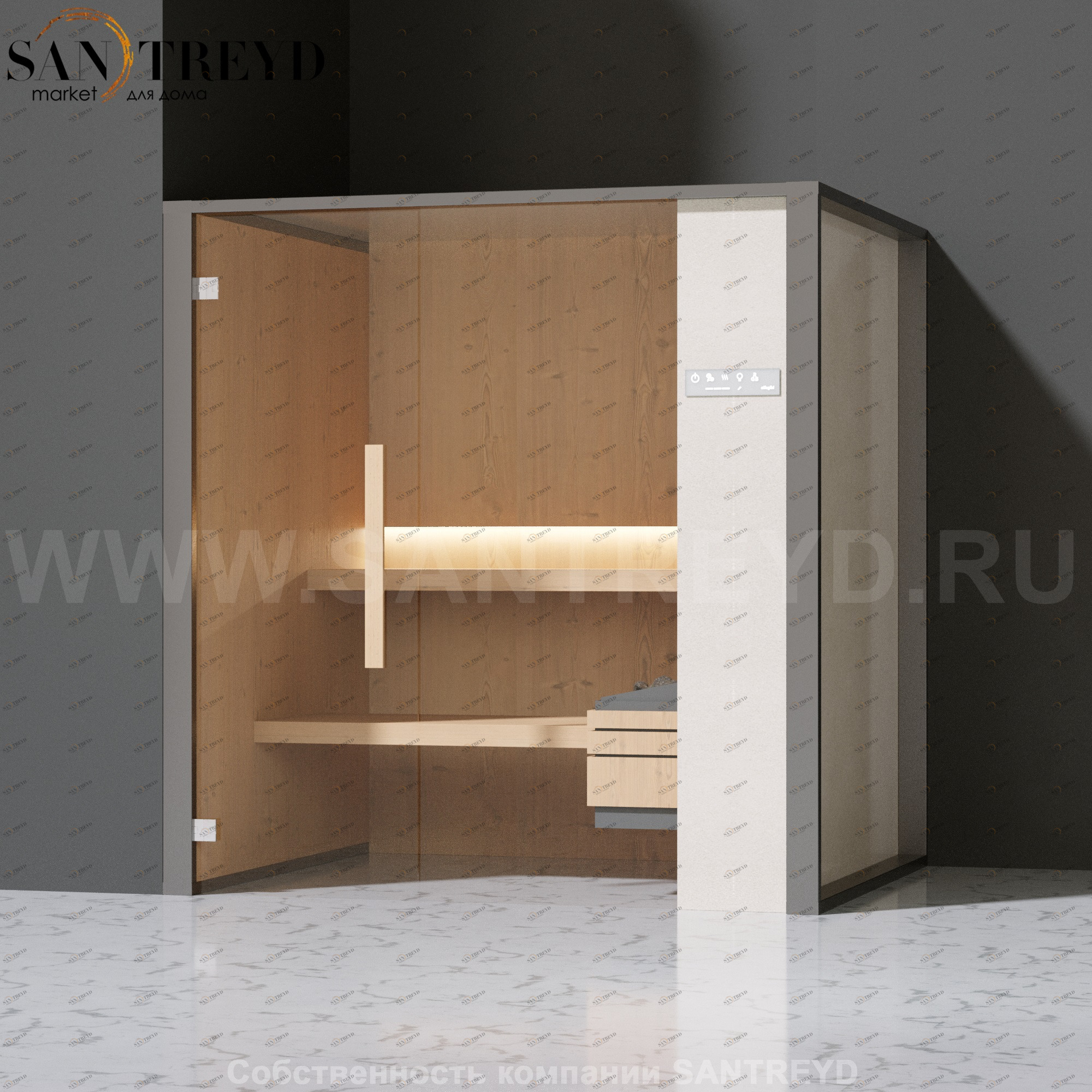 Effegibi ONEFILO S LO51010005 Сауна. Установка: в левый угол. Правая дверь. Мощность: 4,5 кВт макс. Размеры: длина 214 см, ширина 171 см. Отделка: матовый лакированный серый аллюминий и бежевый ламинат из керамогранита.