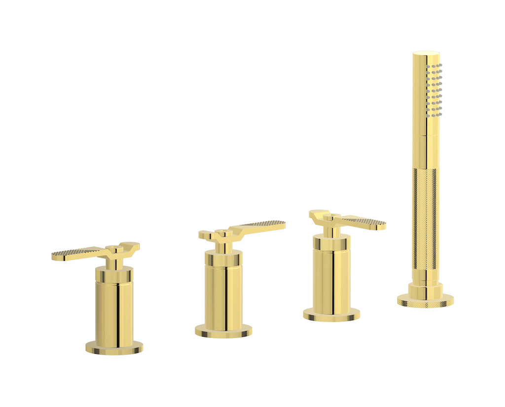 Смеситель на бортик ванной на 4 отверстия с изливом, дивертером и душевым гарнитуром. WE ARE IB b2397oo Gold Bold