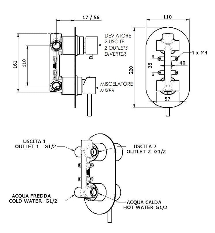 Латунный встраиваемый однорычажный смеситель для душа с переключателем Rubinetterie Mariani Ultraminimal ARCH-00025205