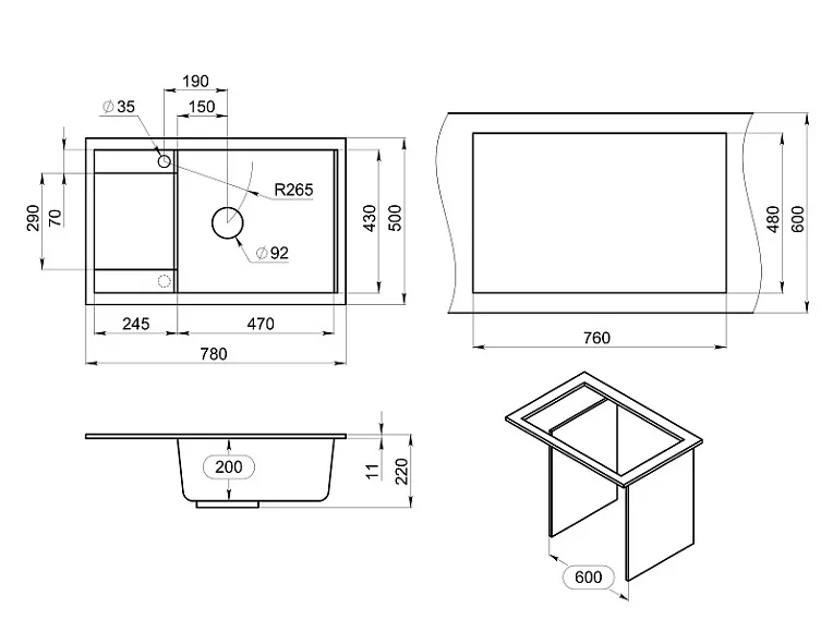 7805, СЛАНЕЦ, кухонная мойка, кварц GRANULA 7805-ST19 - Вид №3
