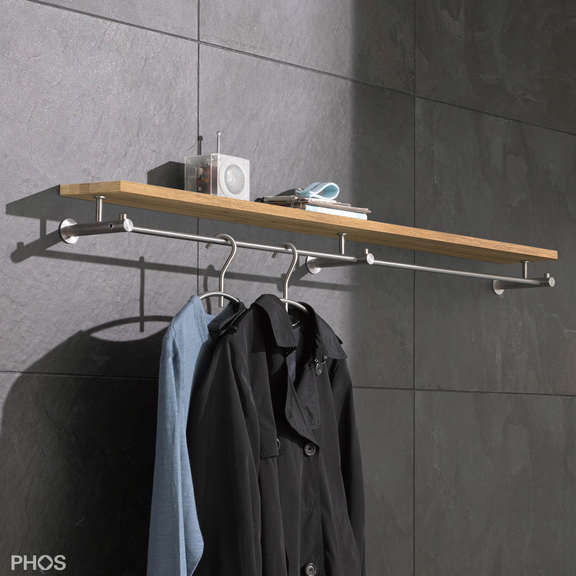 G4-1200-Eiche Вешалка настенная, широкая, с полкой из дуба, ширина 120 см PHOS 