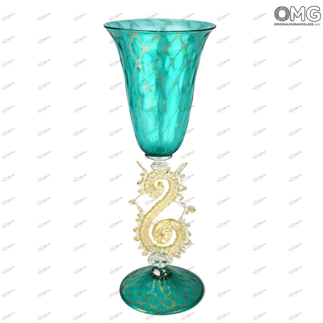 1890 ORIGINALMURANOGLASS Венецианский бокал Аквамарин - муранское стекло с листовым золотом 10 см 