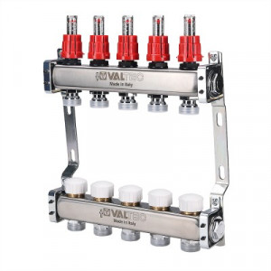 VTc.584.EMNX.0606 Блок коллекторный из нержавеющей стали с регулирующими клапанами и расходомерами Valtec 1", 6 x 3/4", "евроконус"