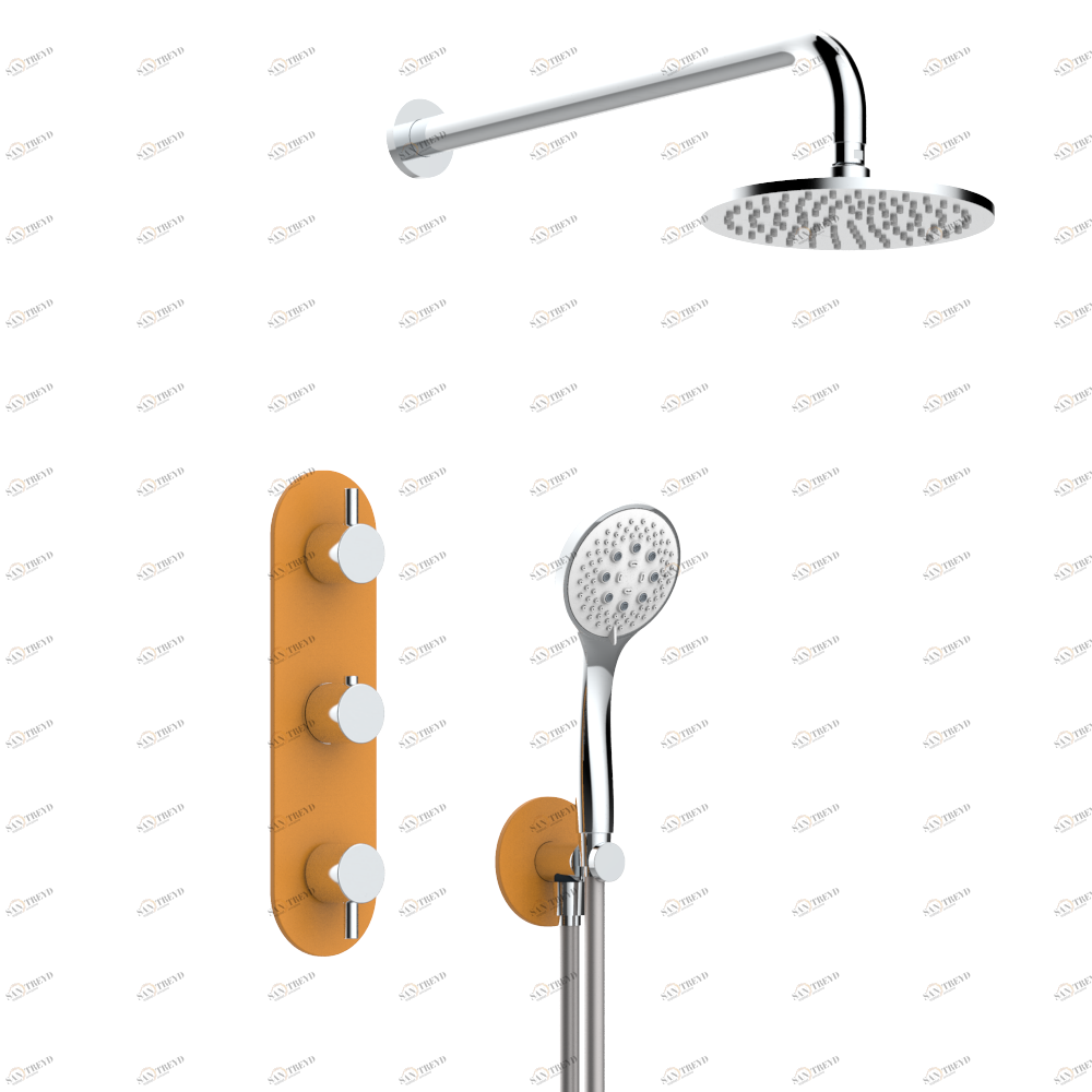 D6A-5400DMOR Встраиваемый термостатический смеситель в комплекте с выходом из стены, алюминиевым шлангом, ручным душем, держателем 450 мм и лейкой с системой Easyclean Ø 200 мм — панели матового оранжевого цвета Thg-paris Smith Хром D6A 5400DMOR  A02 CAT.A