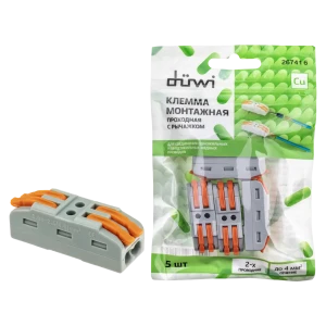 84509767 Клеммы проходные монтажные с рычажком Duwi СМК-422 2-проводные 4мм² серые 5шт 26741 6 STLM-1119597