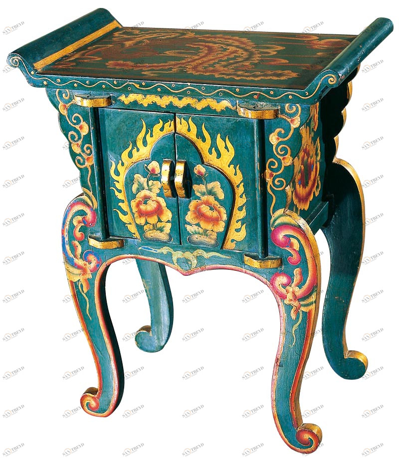 Приставной столик с росписью и дверцами синий "Сян-ань" ДОМАШНЯЯ ОБСТАНОВКА  017349 Зеленый Santreyd 