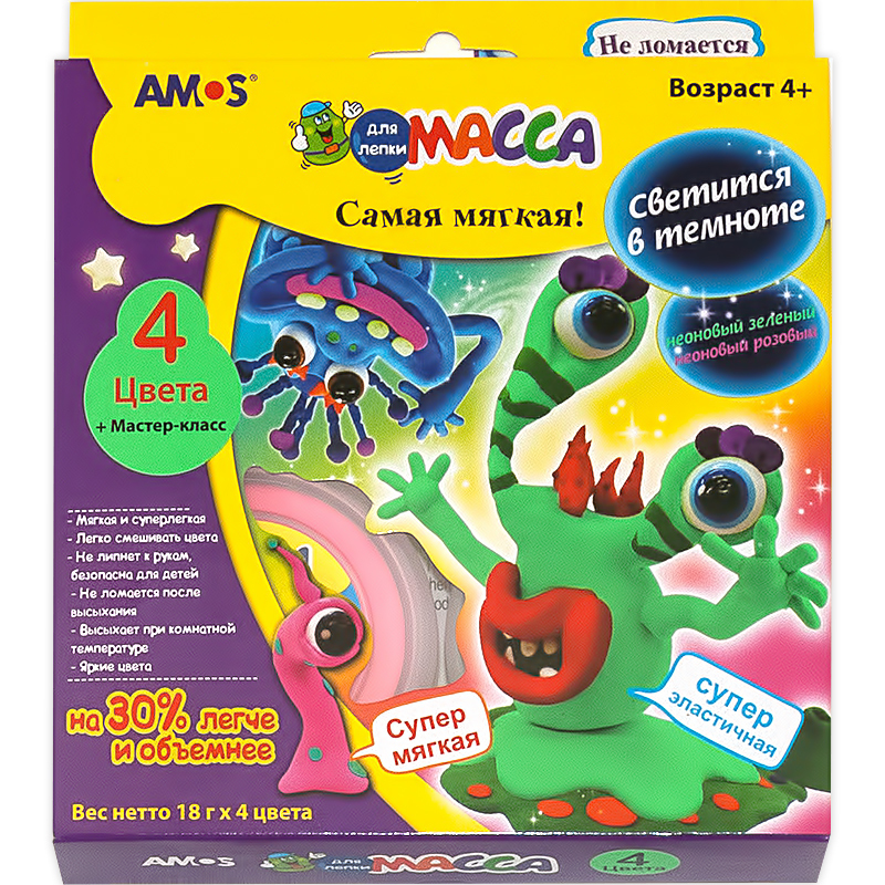 23436 Масса для лепки iClay НЕОНОВАЯ 18 г 4 шт 4 цвета 1/12 AMOS 
