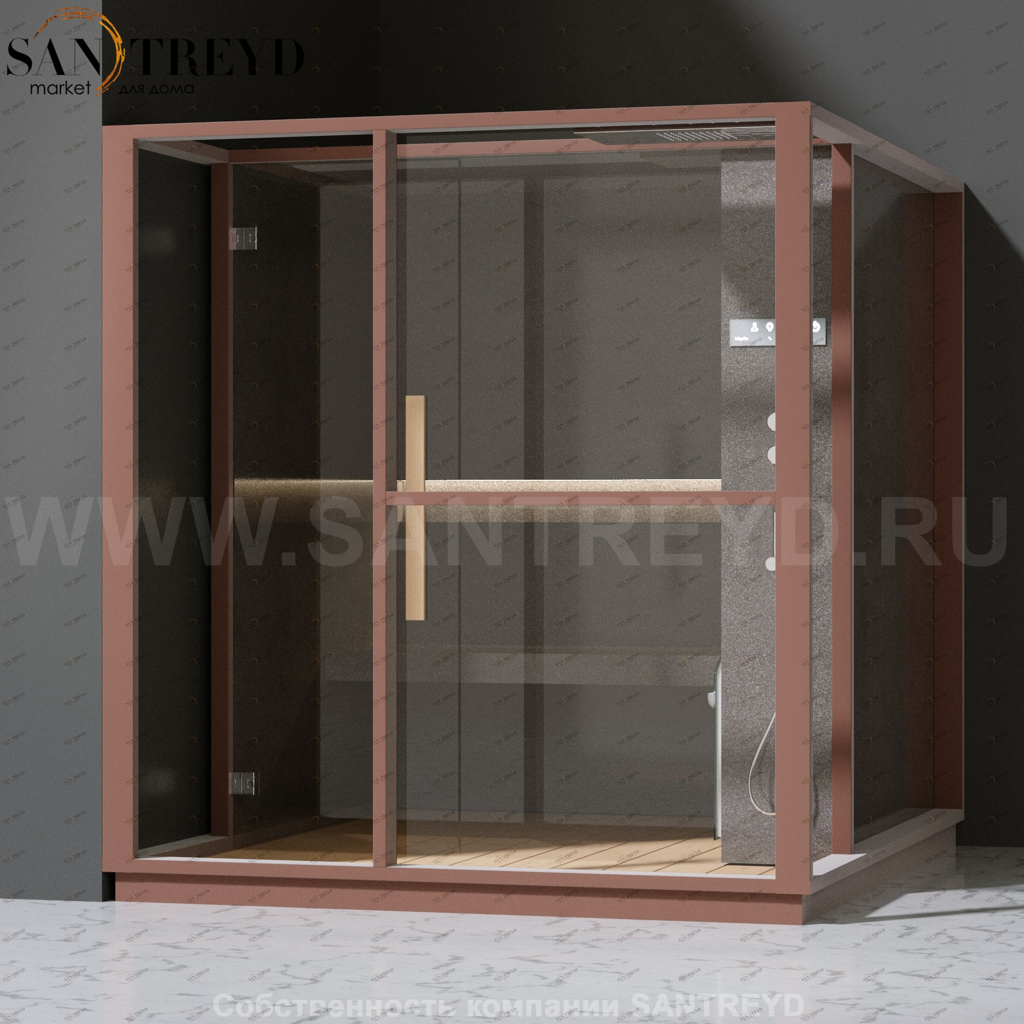 Effegibi LOGICA H LO30030005 Хаммам. Установка: в левый угол. Правая дверь. Мощность: 4,5 кВт макс. Размеры: длина 214 см, ширина 250 см. Отделка: матовый лакированный коричневый аллюминий и темный ламинат из керамогранита.