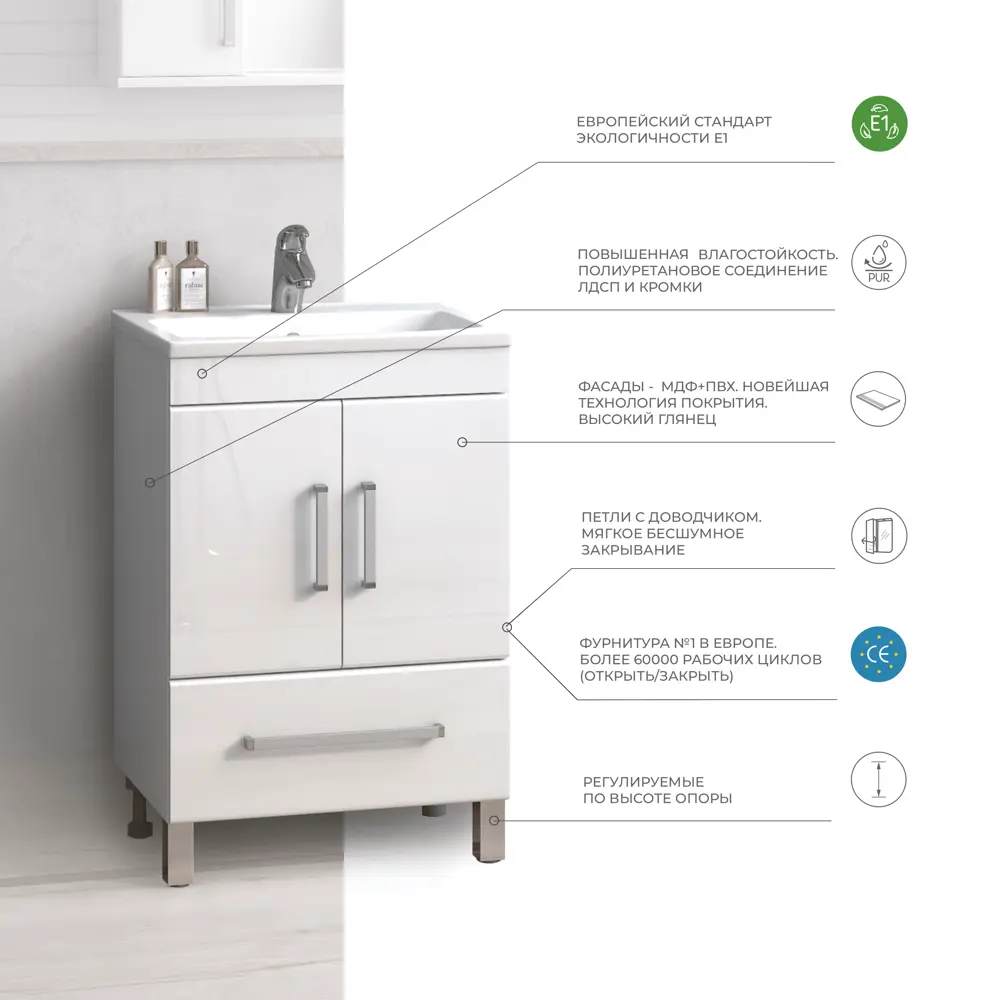 Тумба под раковину Vigo Eggo Квадро 60х46.2х80 см ламинированная ДСП цвет белый STLM-2103154 - Вид №4