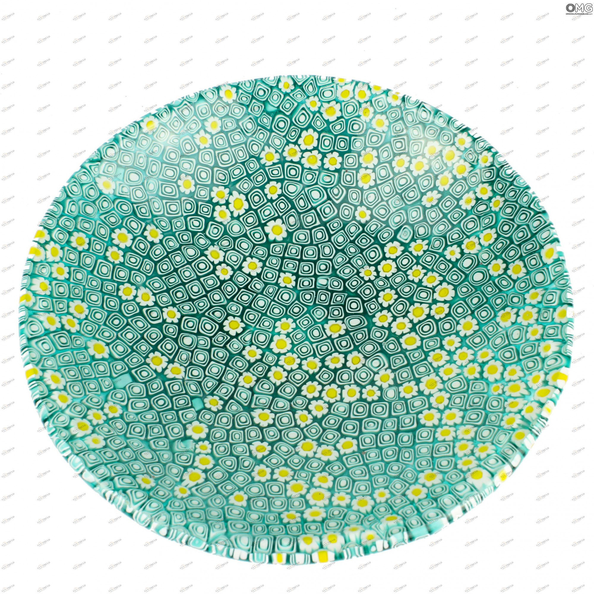 2112 ORIGINALMURANOGLASS Круглое зелёное блюдо Помпеи из муранского стекла с миллефиори - блюдце для мелочей- пепельница 8 см 