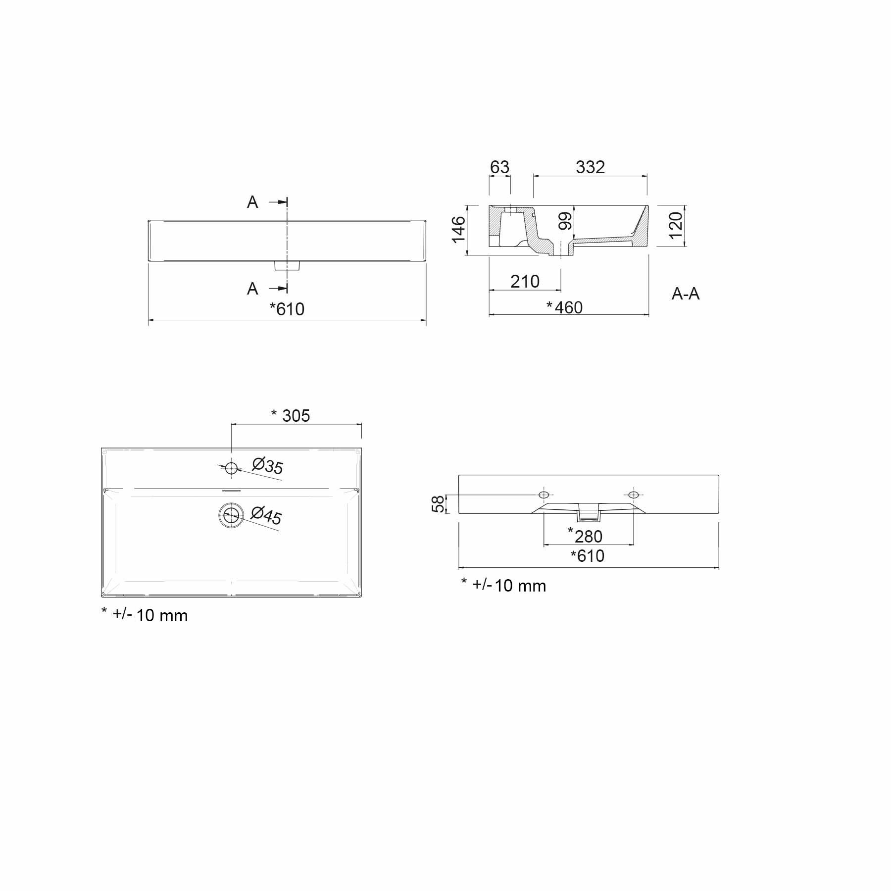 23400 SALGAR Раковина VENETO 610 1 раковина БЕЛЫЙ ФАРФОР 610 x 120 x 460 мм - Вид №4