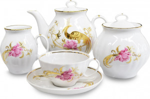 10618074 Дулевский фарфор Сервиз чайный 6/15 "Белый лебедь" "Жар-птица" Фарфор