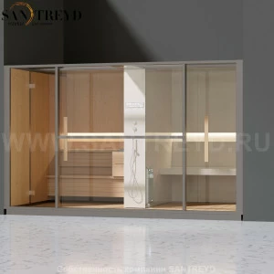 Effegibi LOGICA LO10010008 Комбинированная баня: хаммам и сауна. Установка: в нишу. Мощность: 10,5 кВт макс. Размеры: длина 373 см, ширина 250 см. Отделка: канадский хемлок, матовый лакированный серый аллюминий и бежевый ламинат из керамогранита.