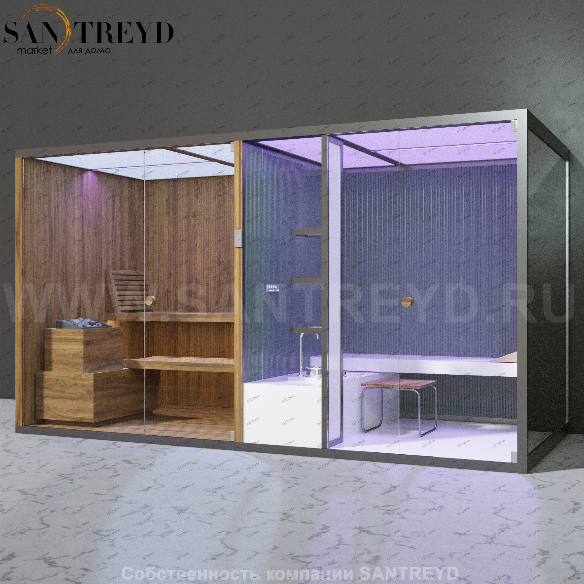 Effegibi BODYLOVE SH BL40240006 Фронтальная комбинированная баня: хаммам и сауна. Установка: к стене. Мощность: 15 кВт макс. Размеры: длина 393 см, ширина 176 см. Отделка: термообработанная древесина, трубчатое стекло и гладкая термообработанная древесина