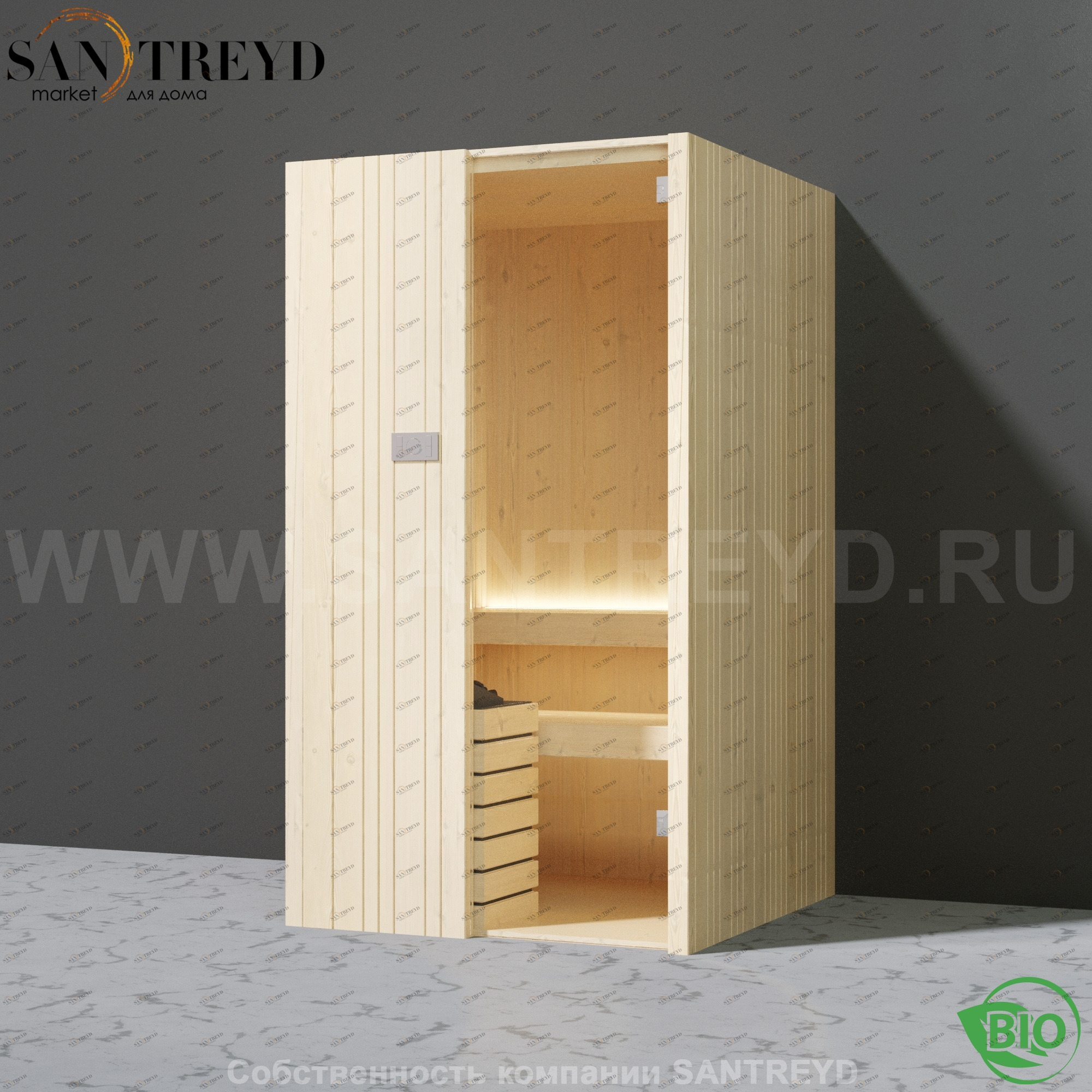 Effegibi AUKI BI50300001 Био-сауна. Установка: к стене. Мощность: 2,5 кВт макс. Размеры: длина 128 см, ширина 126 см. Отделка: ель.