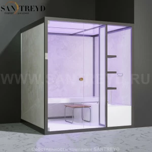 Effegibi BODYLOVE H BL30010002 Хаммам. Установка: в правый угол. Мощность: 7 кВт макс. Размеры: длина 200 см, ширина 176 см. Отделка: светлый керамогранит.