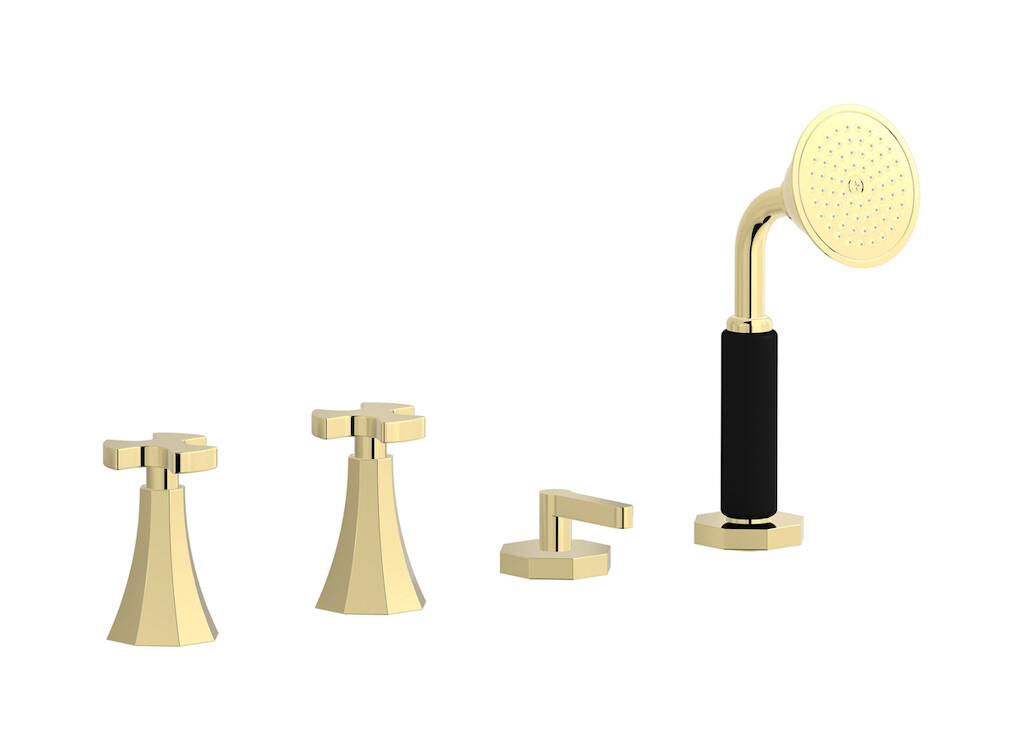 Смеситель на бортик ванной на 4 отверстия с изливом, дивертером и душевым гарнитуром. WE ARE IB bt397ii Pale Gold Belmondo 