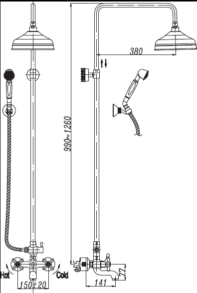 Душевая стойка со смесителем, с изливом, верхним и ручным душем CEZARES RETRO-C-CVD2-03 - Вид №1