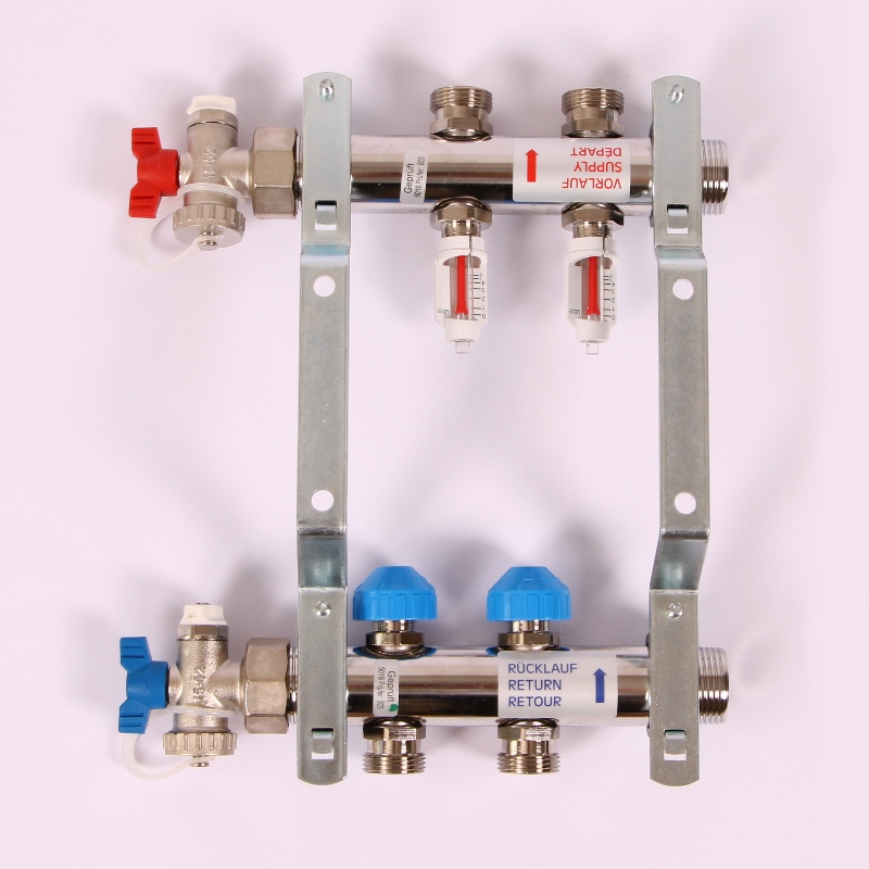 Коллекторная группа из нержавеющей стали с термостатическими вентилями и расходомерами REHAU 1"x3/4" 2 выхода 208021 - Вид №3