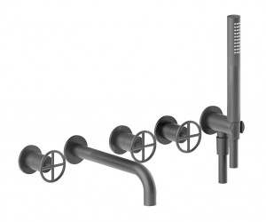 P019B+P019A  Встроенный смеситель для ваннывылет 20 см ручки ручка открывания/закрывания, регулирующая поток и температуру ручная лейка FIT шланговое подсоединение с держателем для ручной лейки гибкий шланг 150 см ПВХ картридж керамический 90° впуски 1/2'